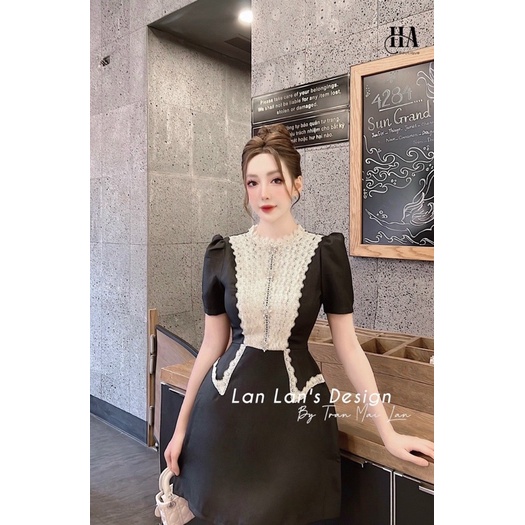 Váy dạ tweed phối ren cổ