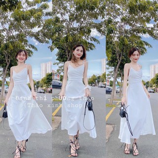 Đầm tơ đũi 2 dây đan nơ lưng