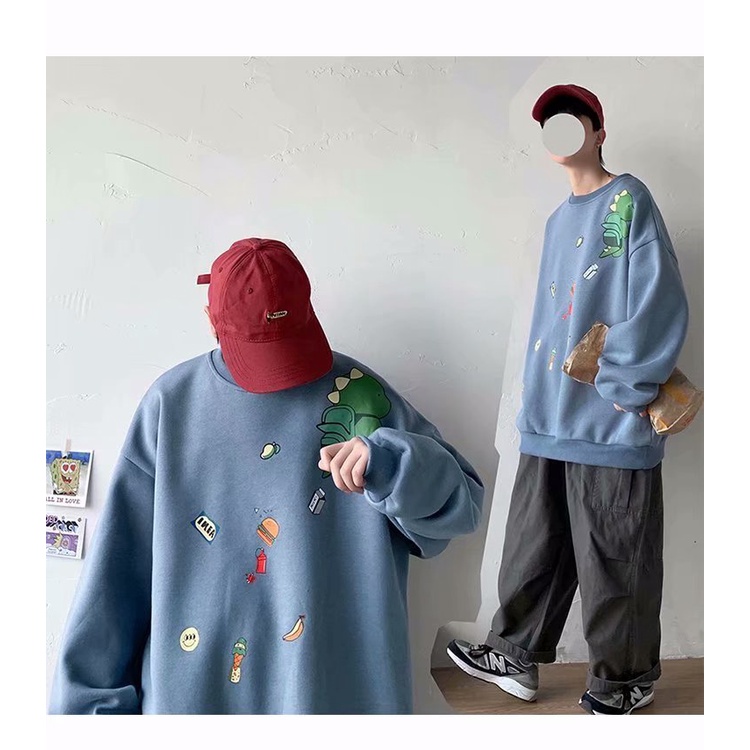 Áo sweatshirt mặc chui đầu dáng rộng size lớn M-5XL họa tiết khủng long hoạt hình phong cách Nhật Bản đi học thời trang