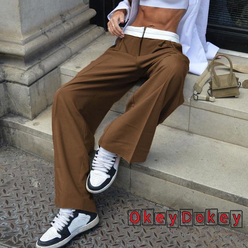 Quần ống rộng Lưng Thấp Cài Khóa Kéo Phong Cách Vintage Đường Phố Cho Nữ