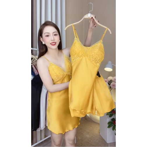 Váy Ngủ Hai Dây Lụa Satin Phối Ren AMAKA AMK-D95