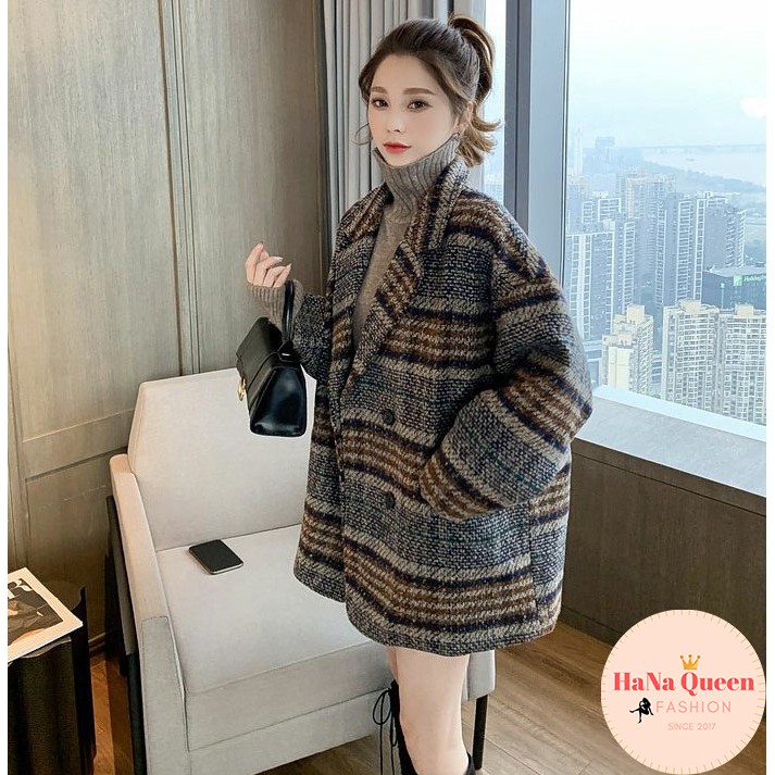 [Sẵn Hàng] Áo khoác dạ nữ kẻ sọc phong cách Hàn Quốc cực xinh