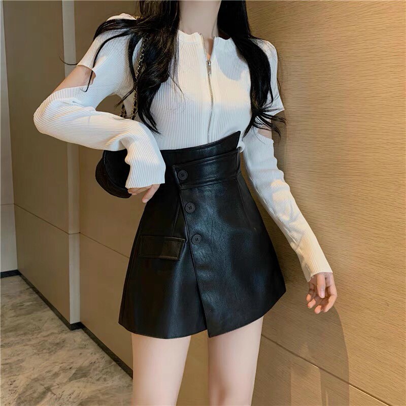 Quần giả váy chất da nữ cạp cao, quần giả váy thiết kế 3 khuy vạt lệch cá tính