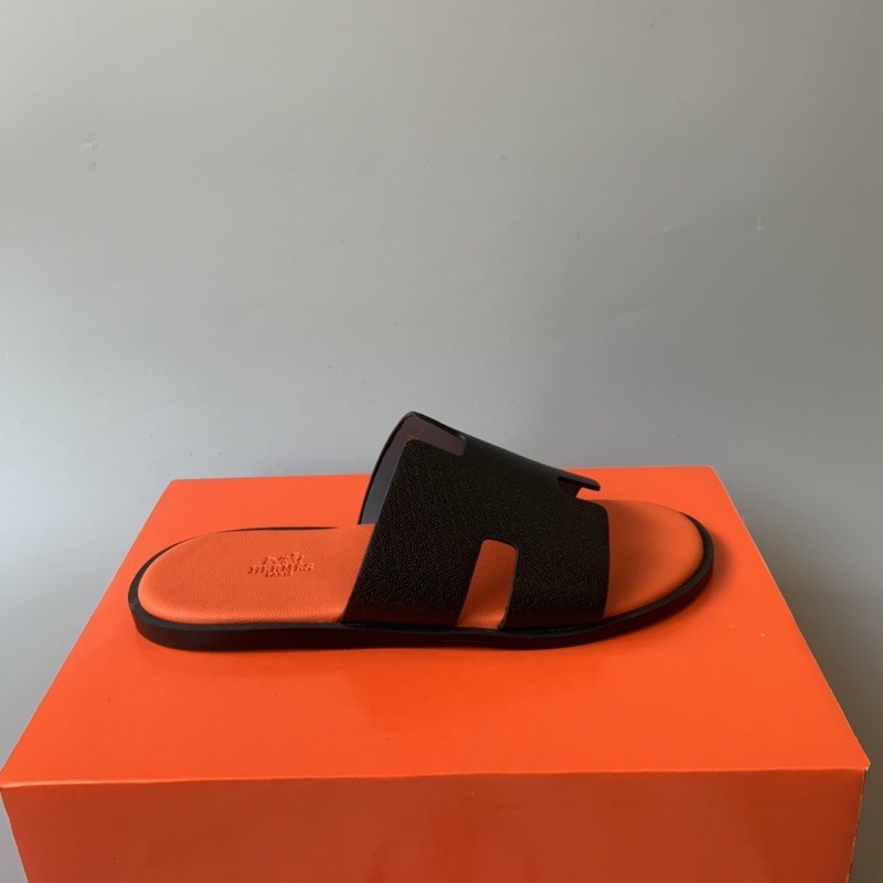 Dép Chữ H Quai Ngang Da Bò Mềm In Logo HM, Dép Hermes Nam Bản Quai Đen Mặt Đế Màu Cam