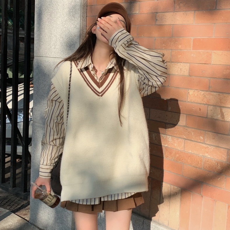 Set Áo Sơ Mi Tay Dài Kẻ Sọc + Áo Vest Dệt Kim Sát Nách Cổ Chữ V Phong Cách Hàn Quốc Mới Cho Nữ