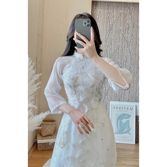 Áo Dài Cách Tân Nữ Thiết Kế Voon Màu Trăng Siêu Hot Áo Dài Việt Chuẩn Phom Cam kết Chất Lượng