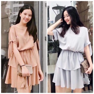 Đầm babydoll váy phối tầng tay nơ, váy dạo phố 2 màu