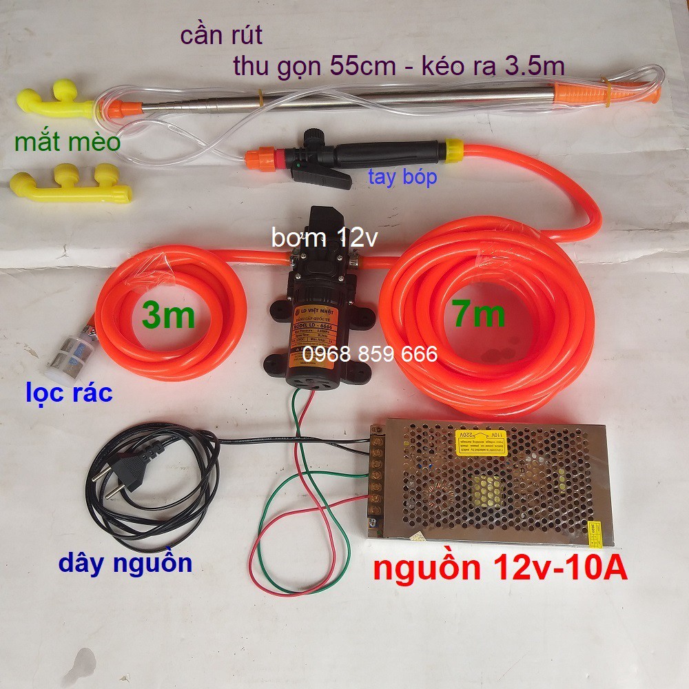 1 Bộ máy bơm mini phun tưới nước thuốc cho hoa lan và cây cảnh(combo bộ tưới lan 12v-cần rút 3,5m)