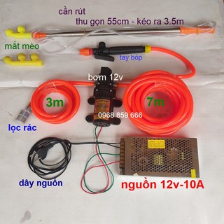 Bộ máy bơm mini dùng để tưới lan, phun thuốc (combo bộ bơm 12v kèm nguồn,tưới lan-cần rút 3,5m)