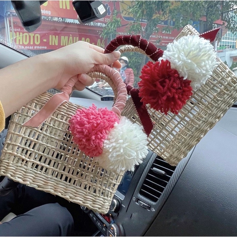 Túi cói quấn ren handmade đính bông siêu xinh cho bé