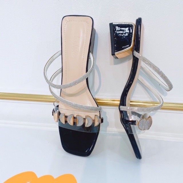 Sandal cao gót nữ đế vuông đính kim cương quai trong Thiên Hương VNXK BP9M35 Giày cao gót nữ sang chảnh tiểu thư đi tiệc