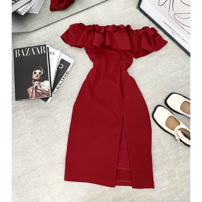Đầm nữ sexy ,đầm midi đỏ bẹt vai nhún bèo xẻ đùi quyến rũ