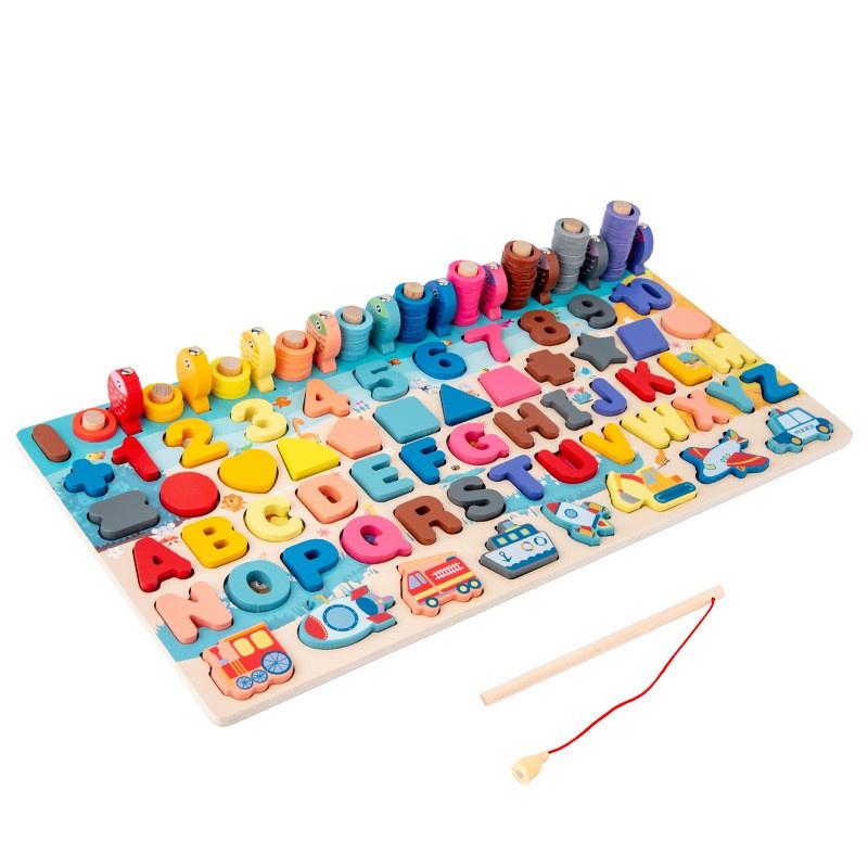 Bộ đồ chơi trí tuệ bằng gỗ chữ cái, số, hình khối và câu cá cho bé