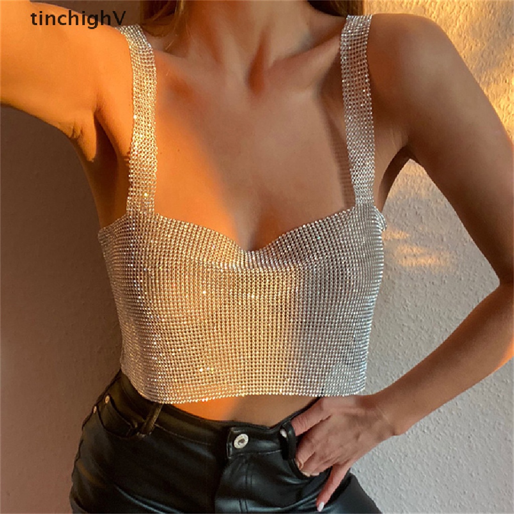 [TinchighV] Áo Crop Top Hai Dây Đính Đá Kim Sa Lấp Lánh Toàn Diện Màu Trơn Thời Trang Dự Tiệc Cho Nữ [Mới]