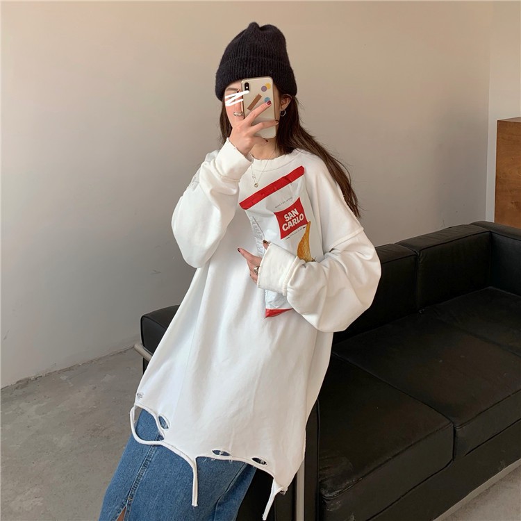 Áo sweater nữ form rộng dài rách vải nỉ quảng châu BST unisex ullzang 2021 Áo sweater nữ bigsize du lịch đi học hàn quốc | BigBuy360 - bigbuy360.vn