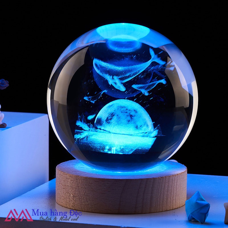 Bộ Quà Tặng Quả Cầu Pha Lê 3D larser LED  cá voi cùng mặt trời mọc CV01