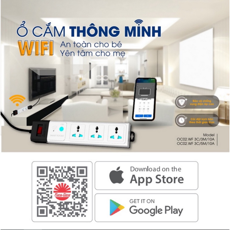 Ổ Cắm điện thông minh Rạng Đông OC02, kết nối wifi, điều khiển bật tắt qua điện thoại, chống giật, bh 1 năm