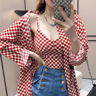 Summer suit women's 2022 new checkerboard color contrast medium and long loose shirt + suspender vest two-piece suit