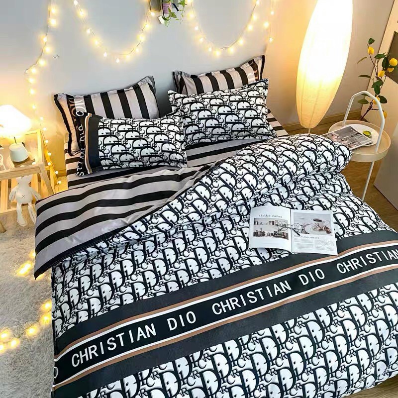 Bộ chăn ga gối Cotton poly M2T Bedding Kẻ chữ D, vỏ chăn mền, drap nệm và 2 vỏ gối