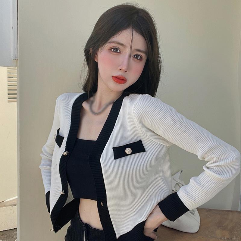 Áo croptop dệt kim tay dài cổ chữ V phối màu