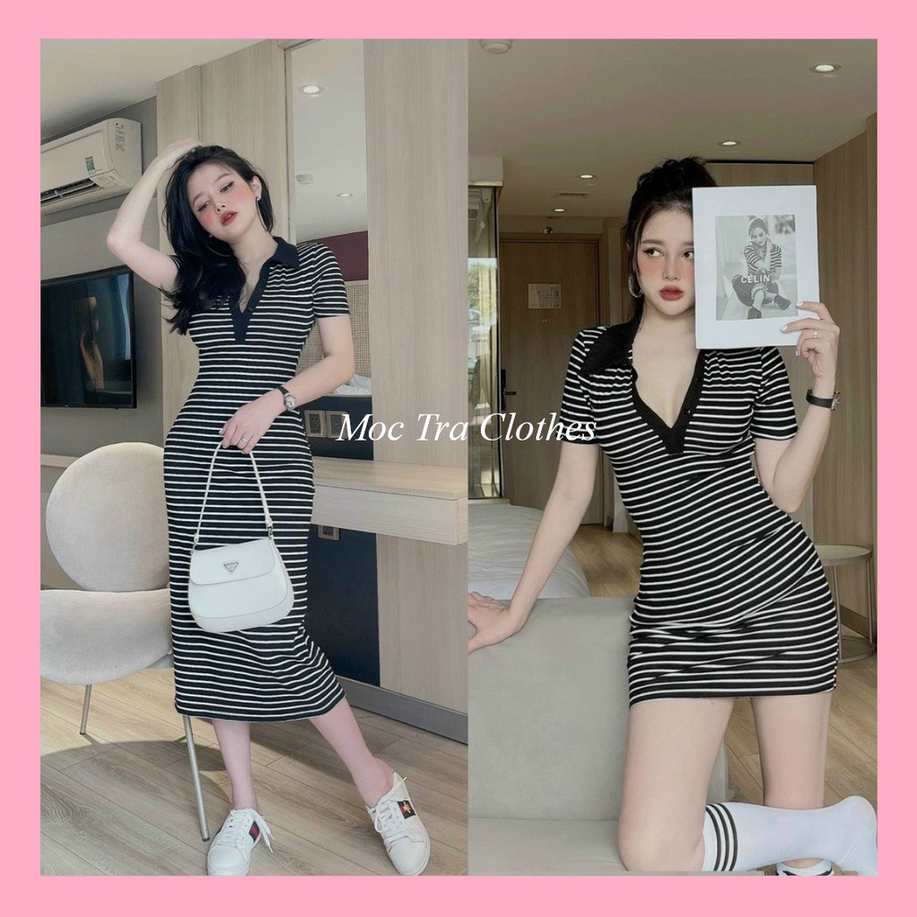 ⊕☃Đầm polo nữ ngắn tay dáng maxi dài, Váy body ôm thiết kế kẻ ngang cổ bẻ trẻ trung vintage đẹp rẻ