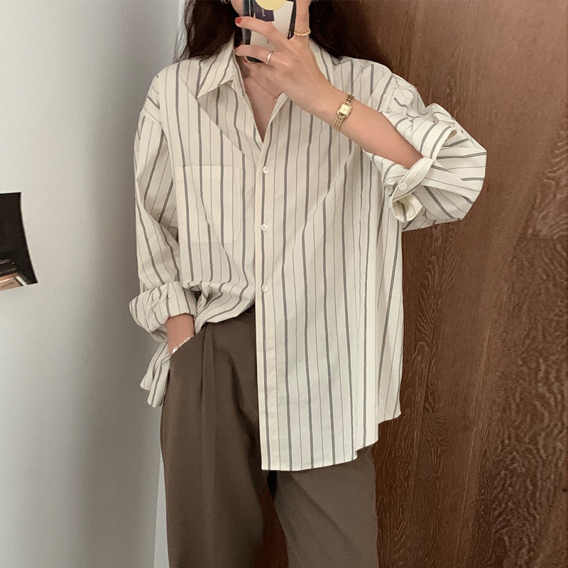Xiaozhainv Áo sơ mi tay dài họa tiết kẻ sọc phong cách Hàn Quốc trẻ trung cho nữ