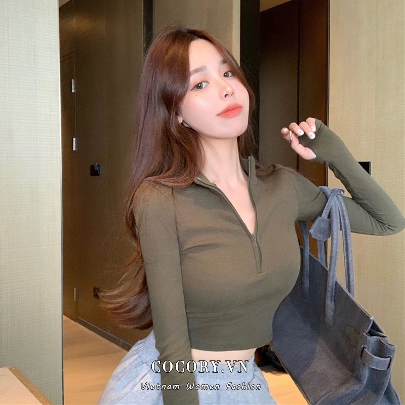 Cocory vn Áo Croptop Dệt Kim Tay Dài Cổ Cao Phối Khoá Kéo Phong Cách Cổ Điển