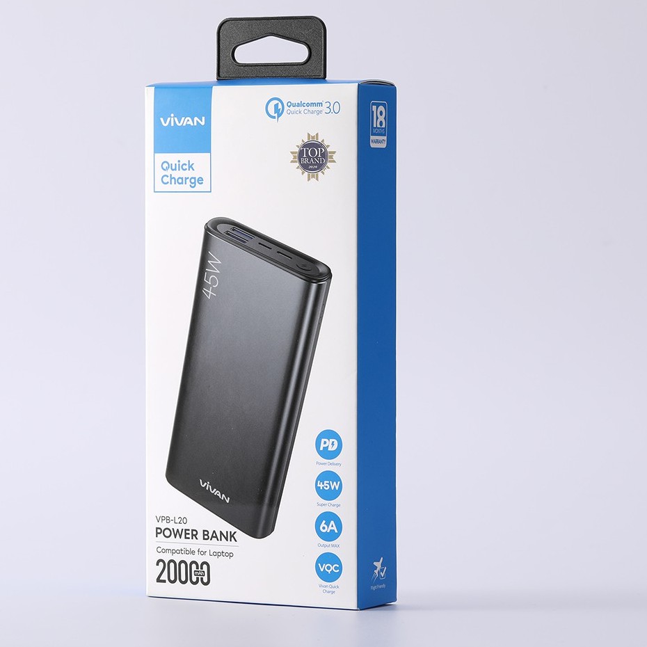 Pin Sạc Dự Phòng Chính Hãng 20000mAh VIVAN VPB-L20 45W 2 Cổng Sạc Nhanh Chuẩn PD/QC 3.0 2 Input 3 Output