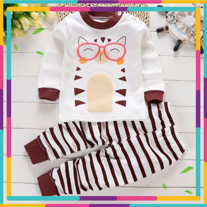 Đồ bộ cho bé in hình ngộ nghĩnh cotton mềm và ấm, Bộ dài tay cho bé trai bé gái