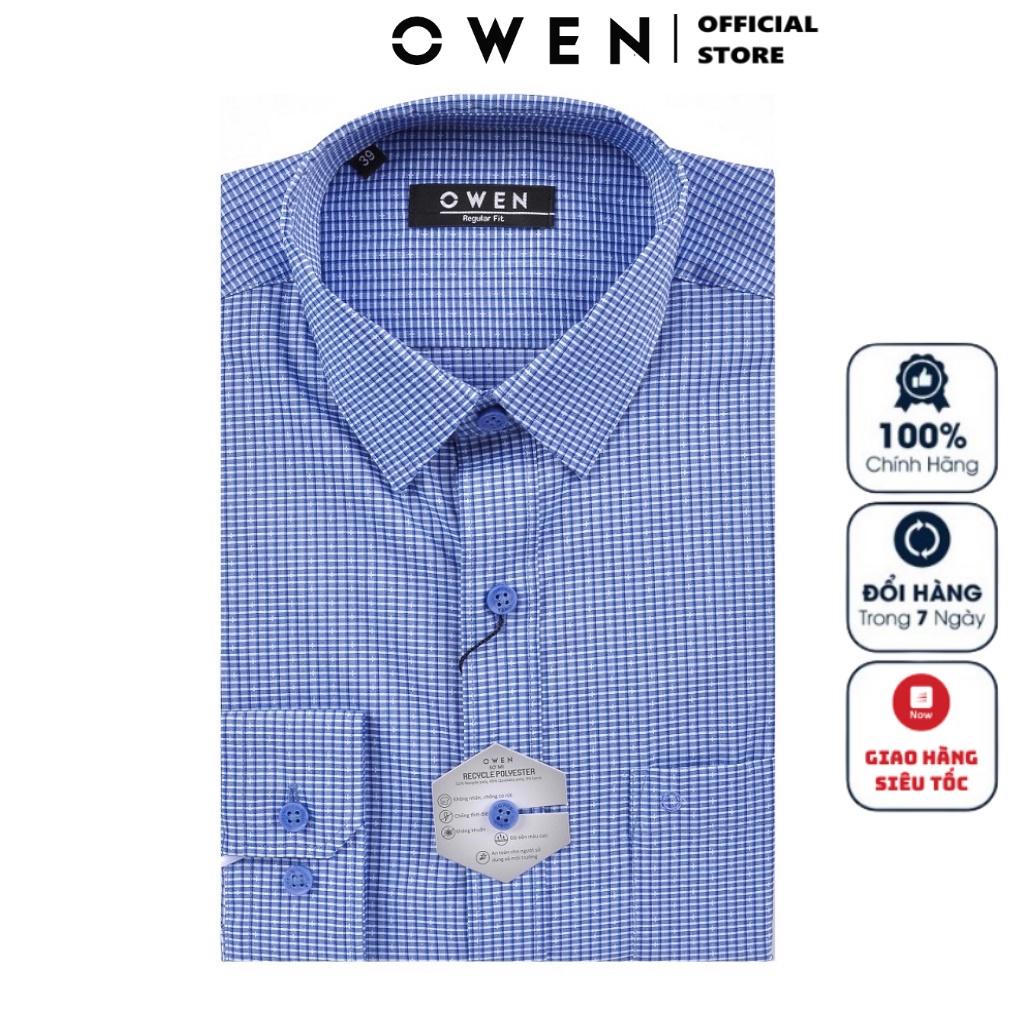 Áo Sơ Mi Nam Dài Tay Owen AR21006DT Somi Công Sở Cao Cấp Màu Kẻ Caro Xanh Navy Dáng Suông Có Túi Vải Sợi Bạch Đàn Mềm Má