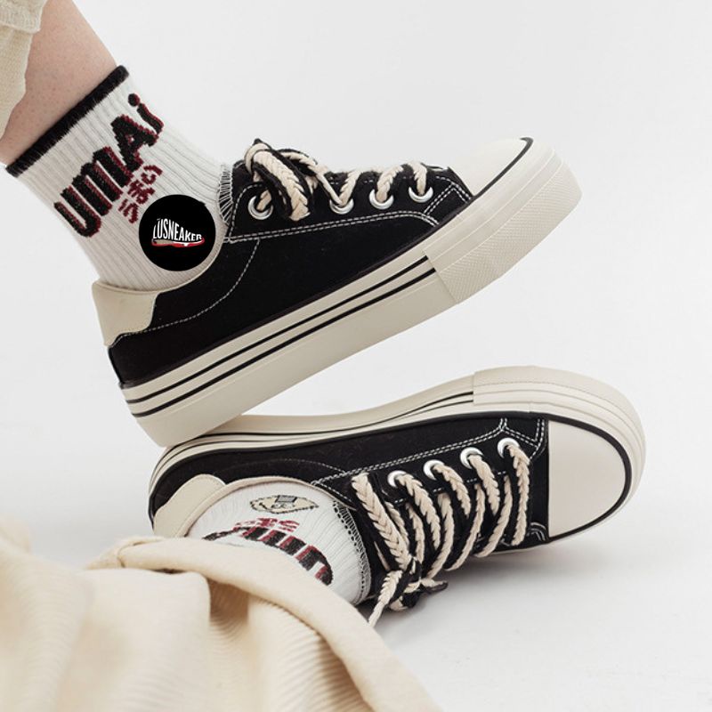 Giày nữ, giày thể thao nữ thêu nổi bông lúa đế cao 3cm màu đen, màu kem size 36-40 [Lù store] G01