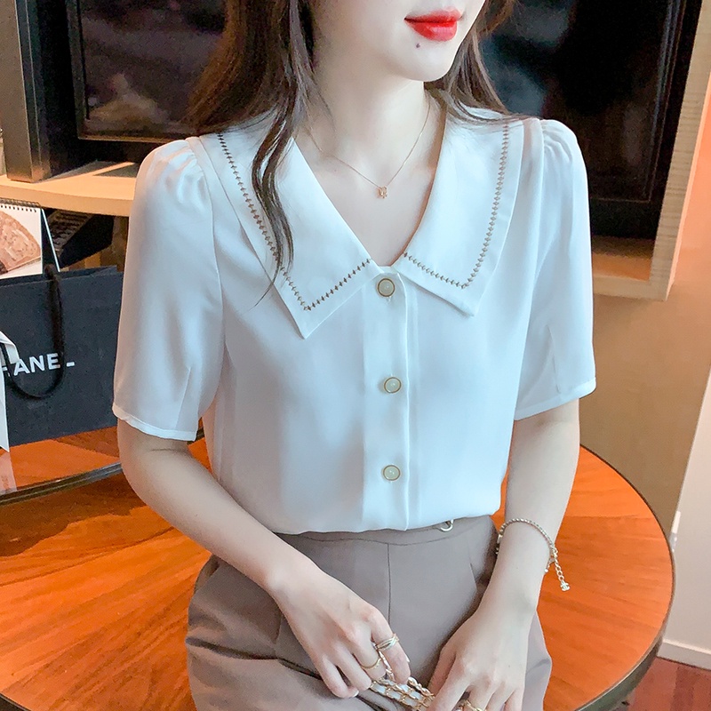 Áo Sơ Mi Voan Ngắn Tay Thêu Họa Tiết Phong Cách Hàn Quốc Thời Trang Mùa Hè Cho Nữ