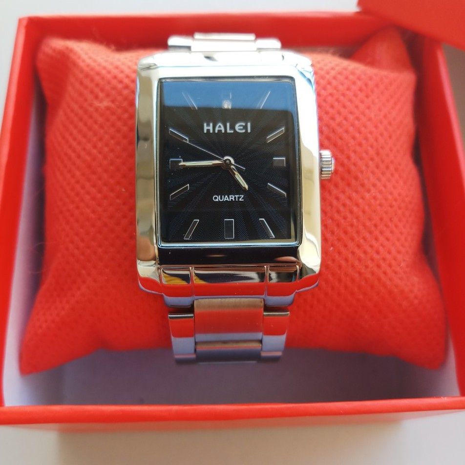 [đồng hồ nam] Đồng hồ nam Halei 465M vuông dây trắng mặt đen