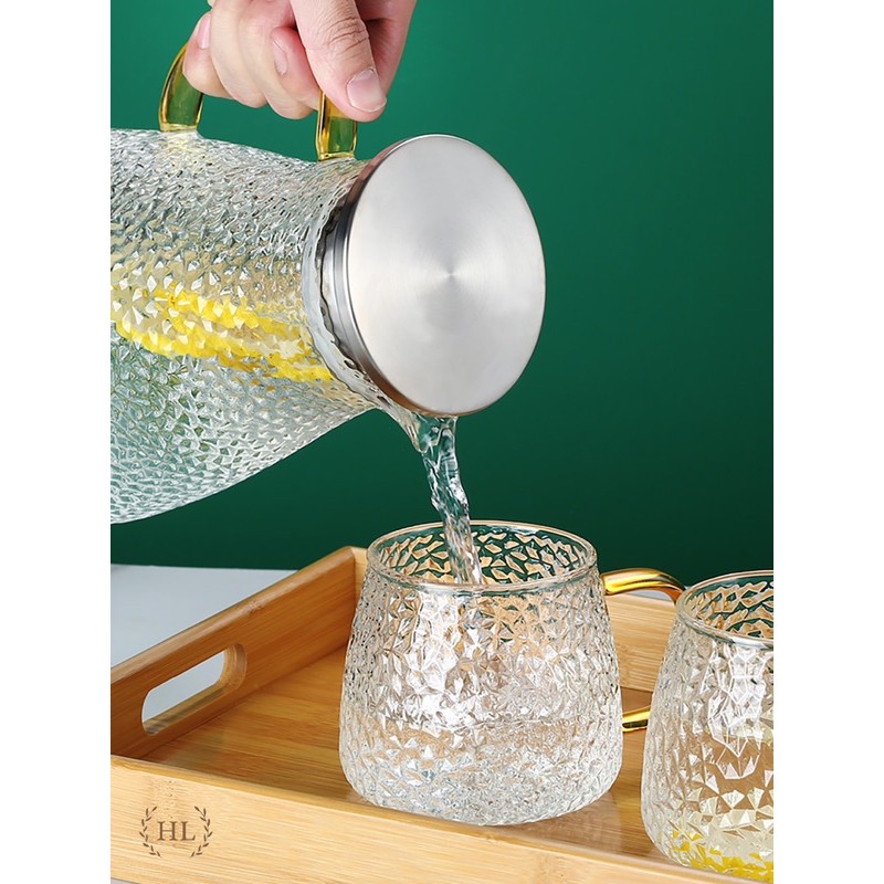 Bình thuỷ tinh chịu nhiệt sần quai vàng | Bộ bình cốc thủy tinh sần Borosilicate chịu nhiệt, chịu lực cao cấp
