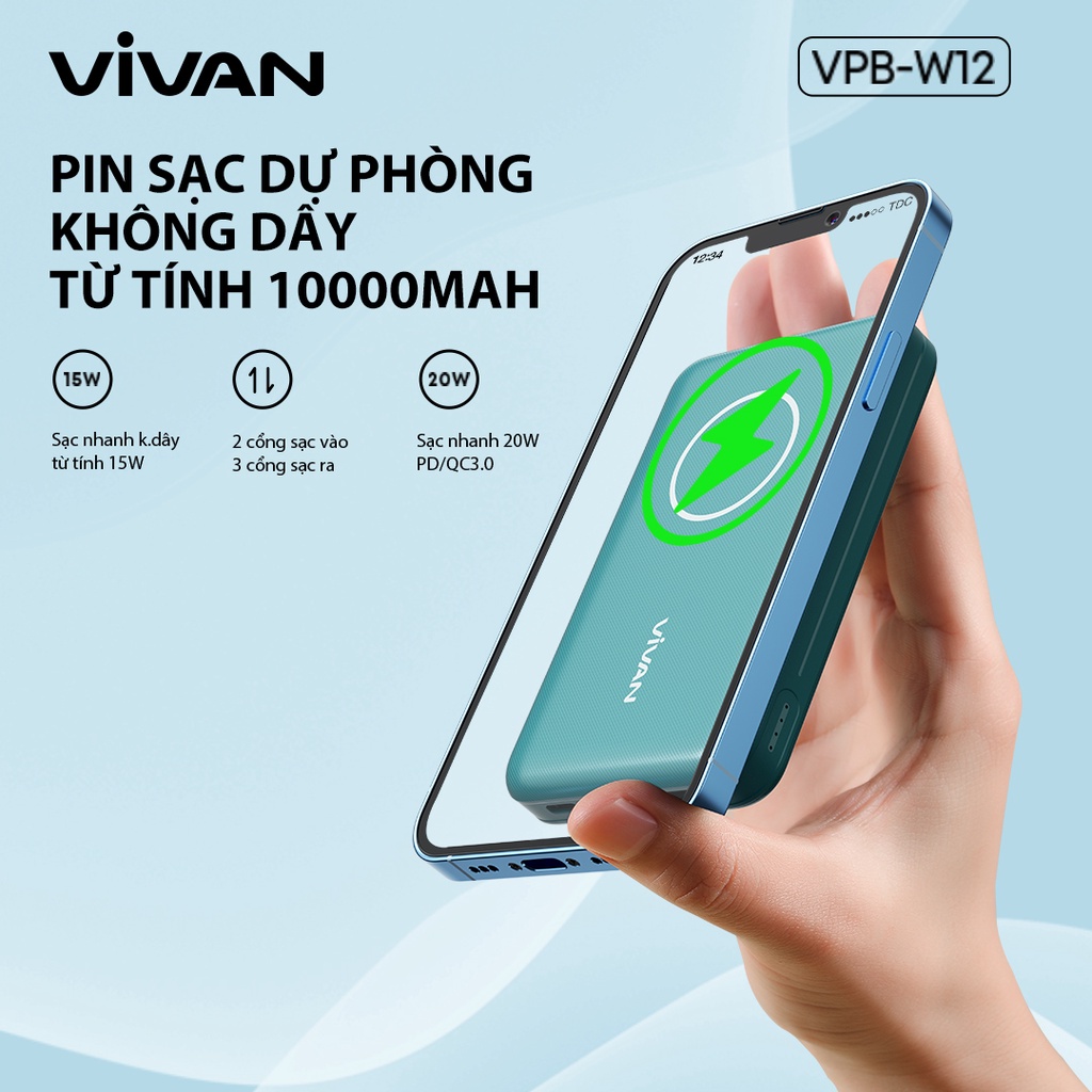 Pin Dự Phòng Không Dây Từ Tính 10000 mAh VIVAN VPB-W12 Output Chuẩn QC3.0 PD