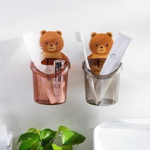 Cốc Đựng Bàn Chải, Kem Đánh Răng Hình Gấu Cute Chất Liệu Nhựa Bền Đẹp Kèm Keo Dán Tường Siêu Dính Tiện Lợi [LOẠI DÀY]