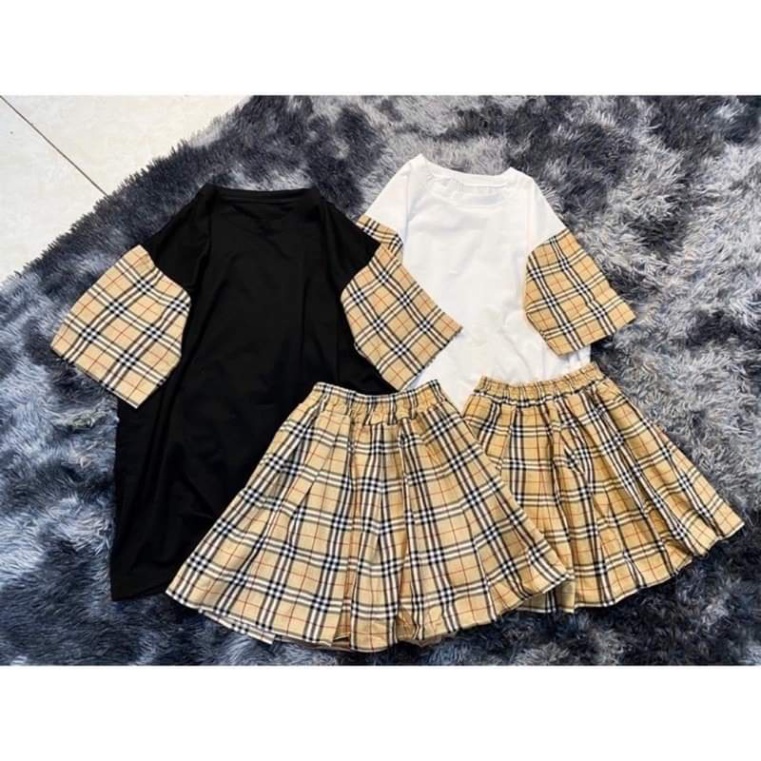 Set Bộ Nữ Áo Phông Chân Váy Phối Kẻ Sọc ,Set Váy Ngắn Xòe Mix Áo Thun Cộc Tay 2 Màu