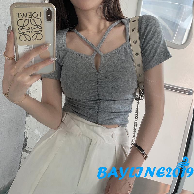 BAY-Women Casual Crop Tops, Solid Color Short Sleeve Slim-Fit Pleated Tops, One Size