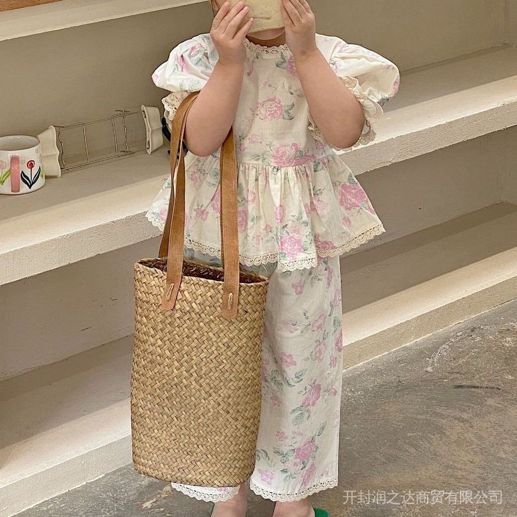 Bộ Áo Tay Phồng Ngắn Phối Quần Ống Rộng In Hoa Kiểu Hàn Quốc Thời Trang Mùa Hè Mới Cho Bé Gái