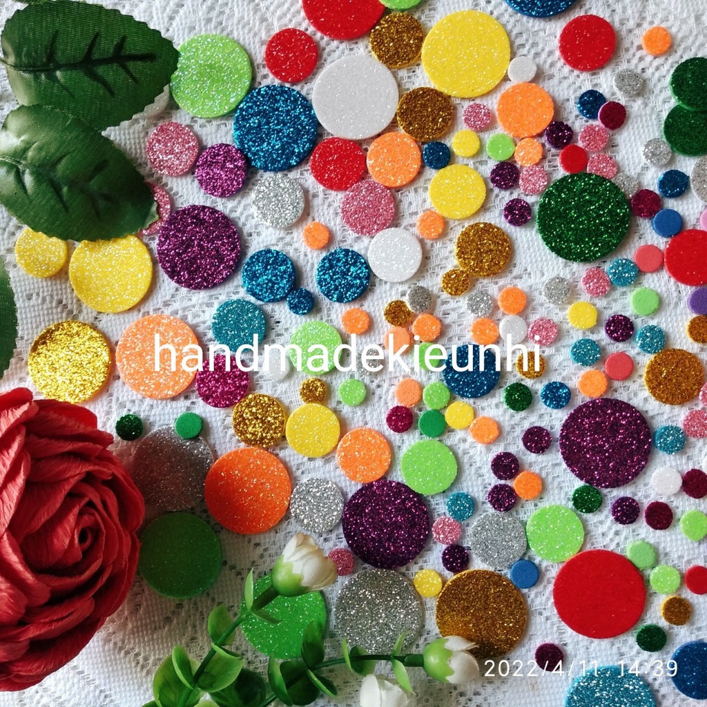 60 - 100 - 150 HÌNH TRÒN bằng giấy XỐP KIM TUYẾN, 3 SIZE - hình trang trí mầm non, handmade, giấy màu, thiệp, lì xì