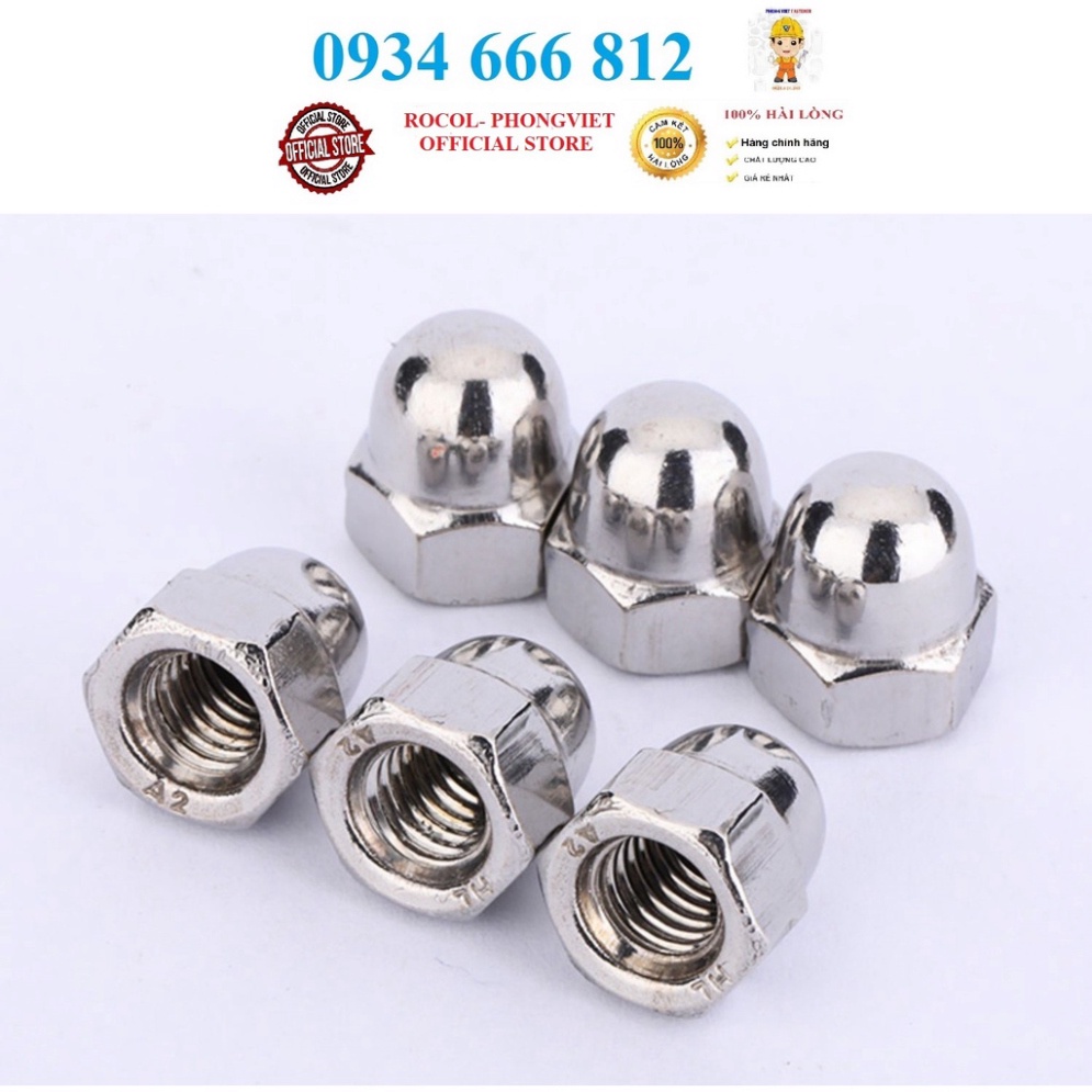 Set 50c và 10C Đai ốc mũ, ecu mũ inox201 M4, M5, M6, M8, M10