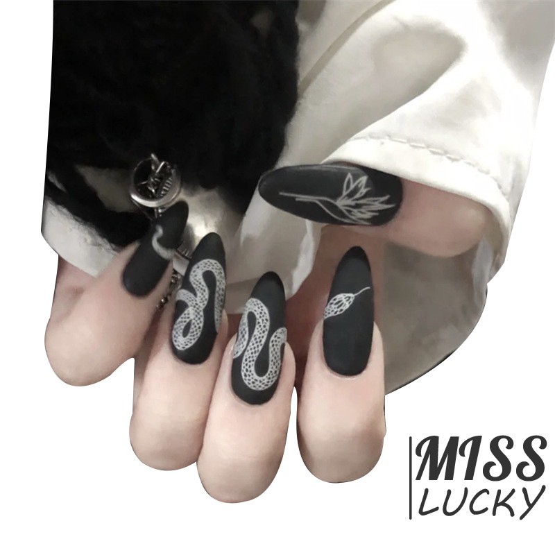 Set 24 Móng Tay Giả Nối Dài Màu Trắng Đen Có Thể Tháo Rời