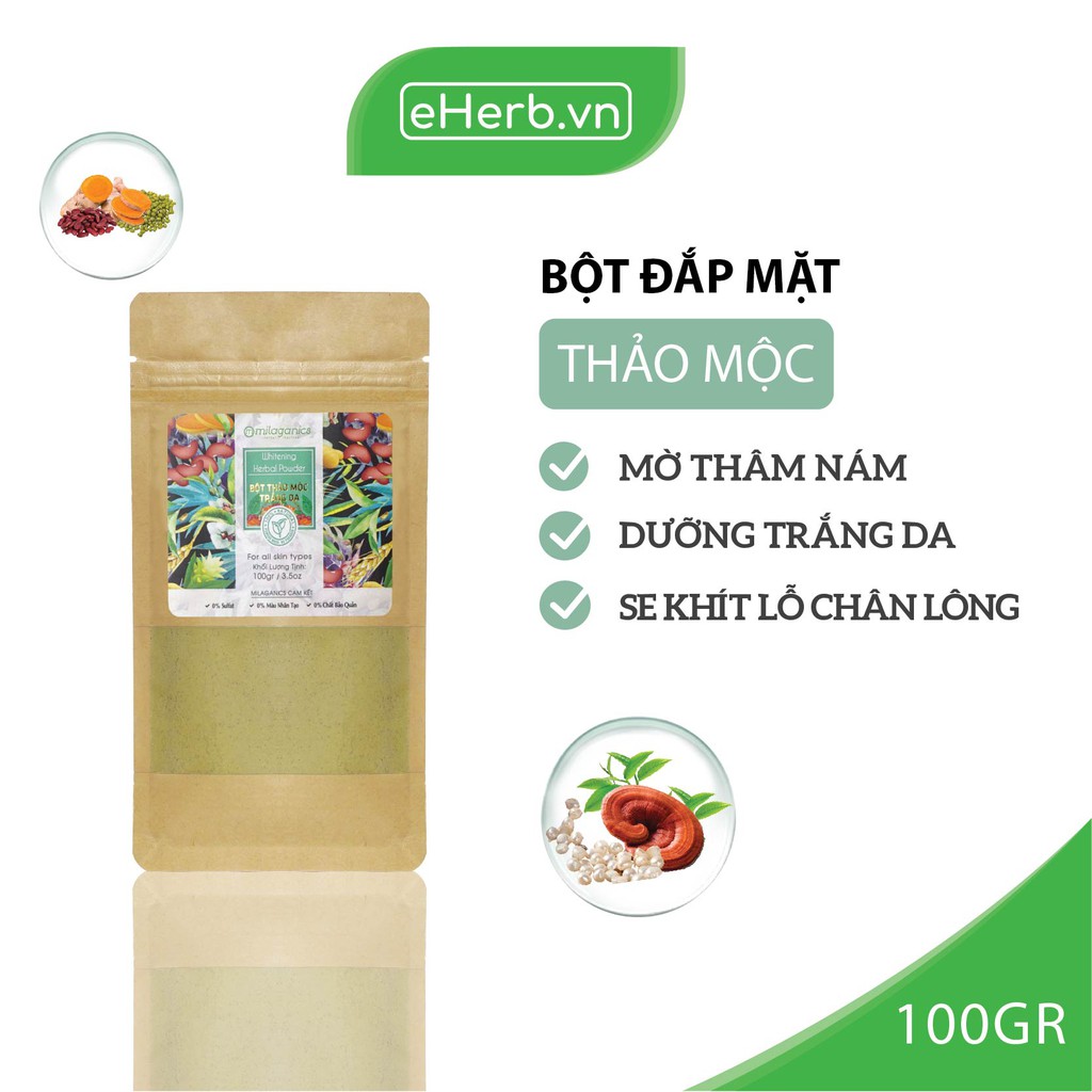 Combo 2 Bột Thảo Mộc Nguyên Chất Đắp Mặt Nạ Dưỡng Trắng Da & Mịn Màng MILAGANICS 100g (Túi Kraft)