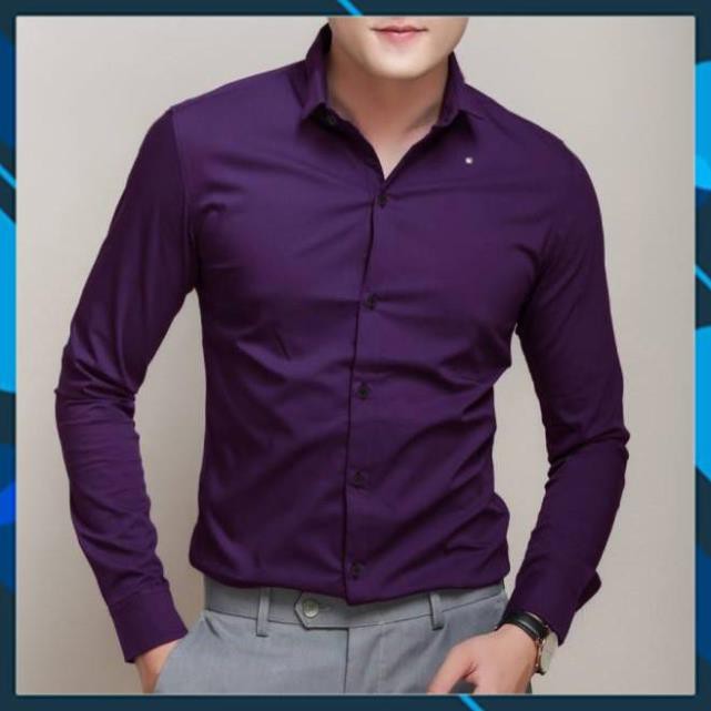 LẺ SIZE XẢ KHO Sơ mi nam dài tay Tím Đậm vải lụa Thái không nhăn, Sơ mi nam trơn giá rẻ, Áo sơ mi nam body