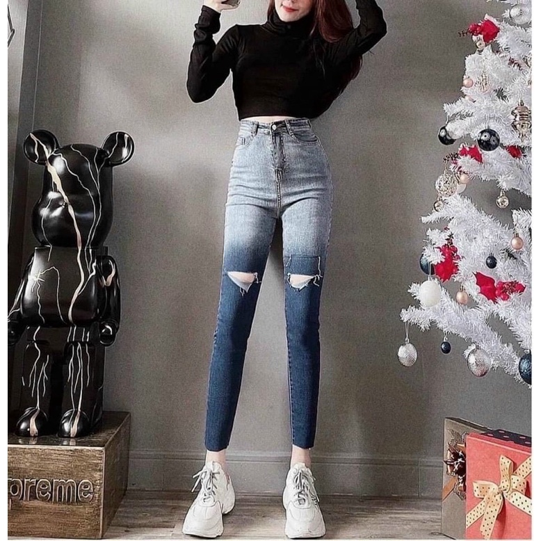 Quần jeans loang ôm giãn cắt rách gối cá tính B110
