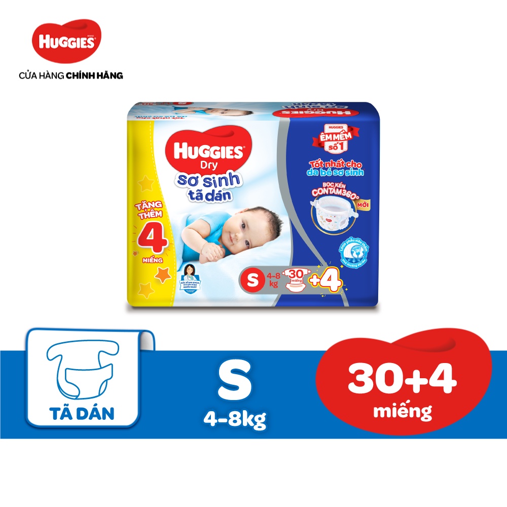 [Mã MKBHUGBU giảm 12% đơn từ 400K] Tã dán sơ sinh Huggies S30 (5kg - 8kg) - Gói 30 miếng + Tặng 4 miếng