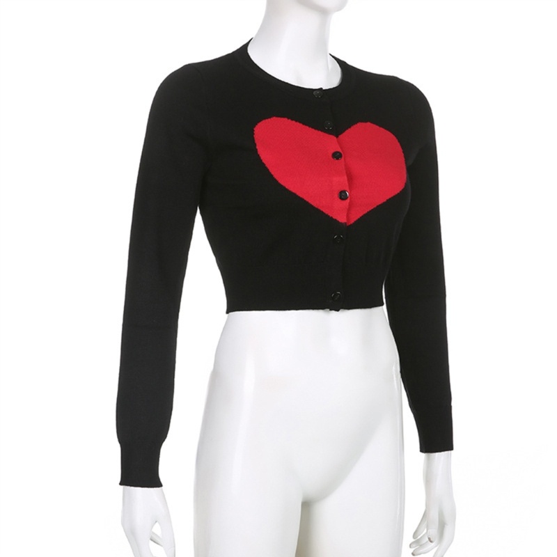 Áo Khoác Cardigan Dệt Kim Tay Dài Dáng Ôm Cài Khuy Họa Tiết Trái Tim Dễ Thương Cho Bạn Gái