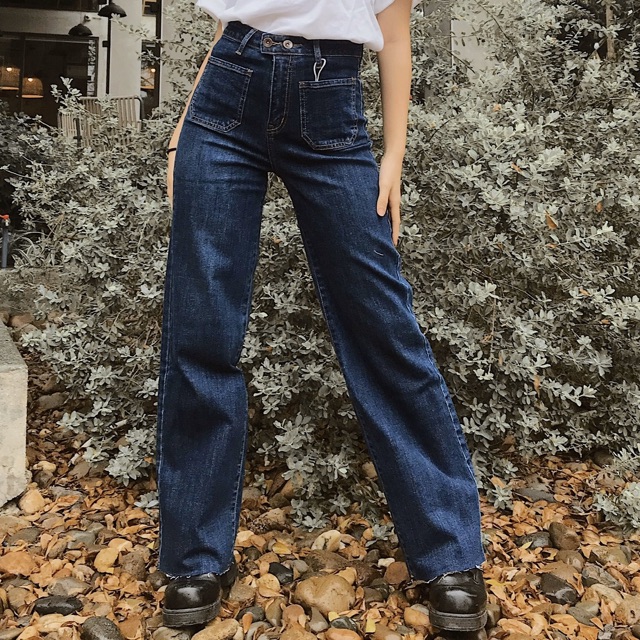 Jeans ống rộng túi trước gấu cắt Quần jean nữ ống rộng cạp cao cá tính J430