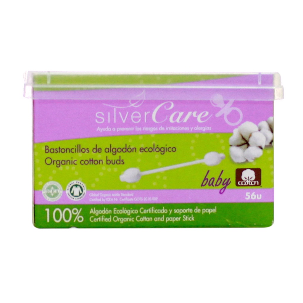 Tăm Bông / ORGANIC / Tăm Bông Hữu Cơ Đầu to cho Bé SILVERCARE 56 Cái, Nhập khẩu Tây Ban Nha