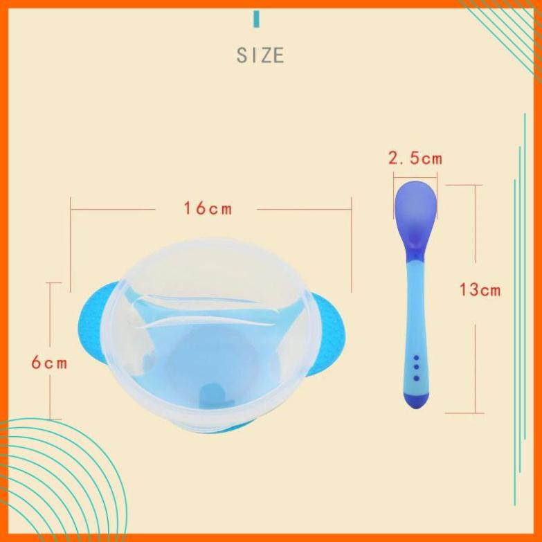 Bát Ăn Dặm Chống Đổ - Bát Ăn Dặm Đế Hút Silicon Và Thìa Báo Nóng An Toàn Cho Bé Yêu